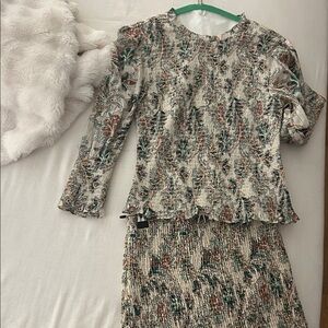 Veronica Beard Cream Floral Smocked Skirt Set with Green & Brown Accents